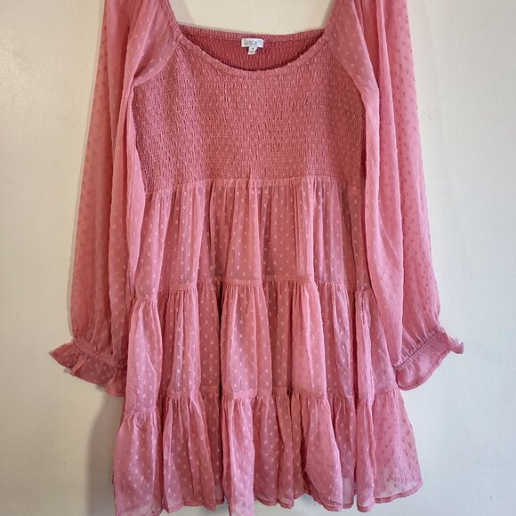 Patrons of Peace Smocked Babydoll Mini Dress Sheer Boho Peasant Medium - Picture 4 of 9